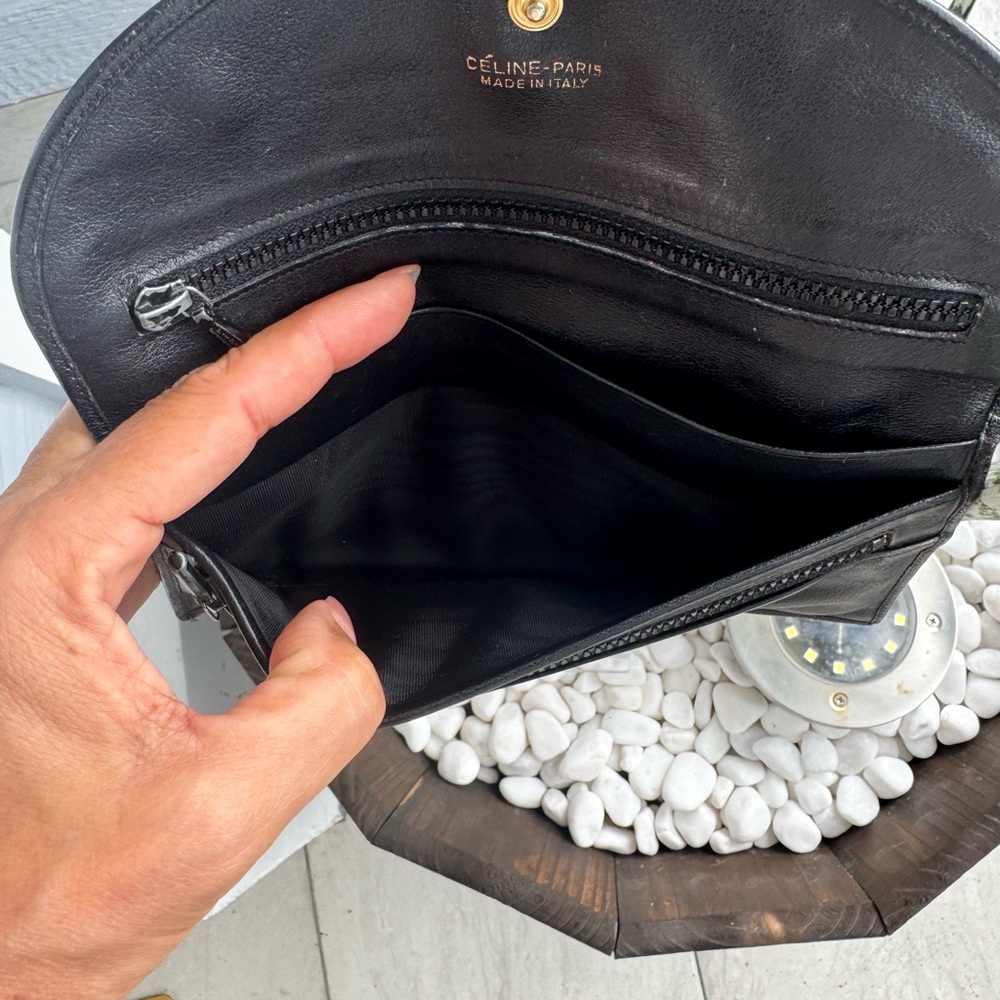 Celine Vintage Macadam Leather Long Wallet Black Envelope Style Flap Closure - Picture 9 of 13